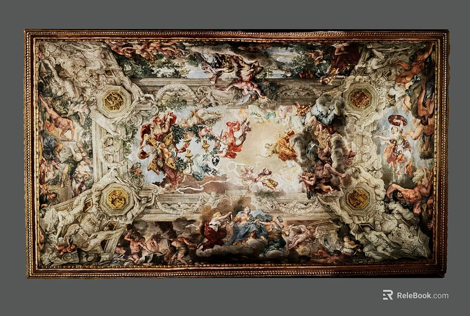 Ornate Classical Ceiling Mural With Intricate Decorative Patterns And Mythological Figures 3d model 