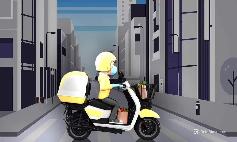 Cartoon Scene of Delivery Rider on Yellow Electric Scooter with Delivery Box in Urban Street 3d model 