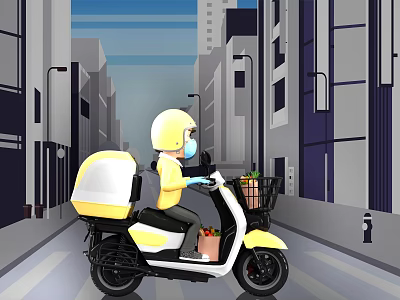 Cartoon Scene of Delivery Rider on Yellow Electric Scooter with Delivery Box in Urban Street 3d model