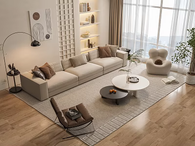 Modern Living Room Beige Sofa Coffee Table Set With Round Tables Floor Lamp And Decor 3d model