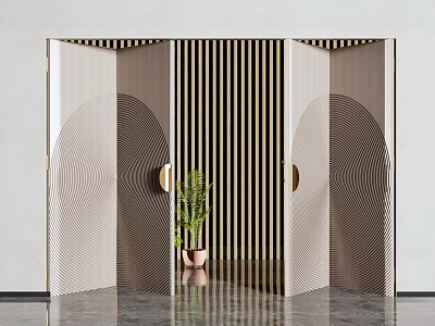 Modern Folding Doors With Vertical Stripes And Beige Geometric Patterns Near Potted Plant 3d model