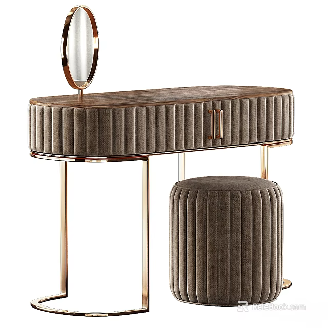 Gray Velvet Dressing Table With Gold Metal Legs And Matching Stool 3d model 