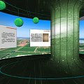 Modern Circular Exhibition Space With Green Column Illuminated White Rings Green Spherical Decorations And Globe