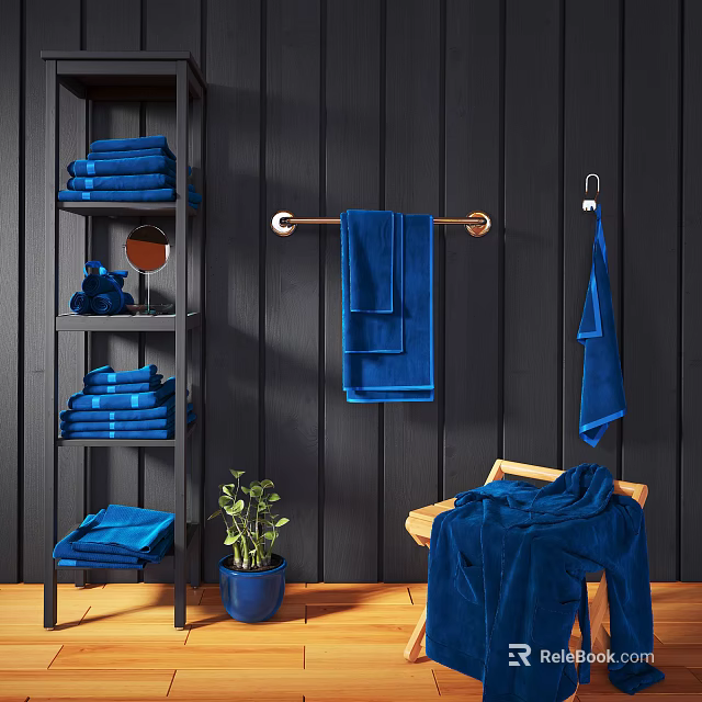 Bathroom Interior With Blue Towels Stacked On Shelves Hanging On Rod And Wooden Chair 3d model 