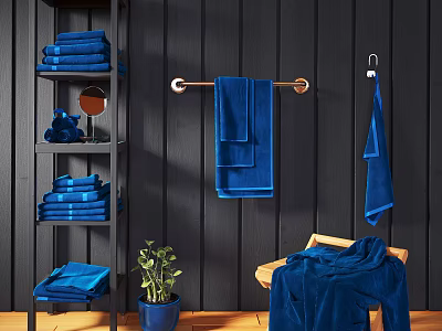 Bathroom Interior With Blue Towels Stacked On Shelves Hanging On Rod And Wooden Chair 3d model