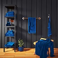 Bathroom Interior With Blue Towels Stacked On Shelves Hanging On Rod And Wooden Chair