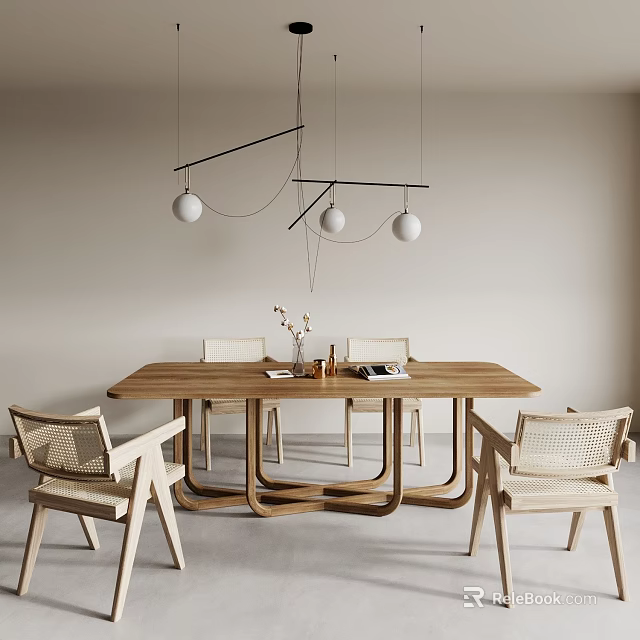 Modern Wooden Dining Table and Chairs Set with Hanging Pendant Lights and Minimalist Design 3d model 