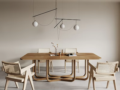 Modern Wooden Dining Table and Chairs Set with Hanging Pendant Lights and Minimalist Design 3d model