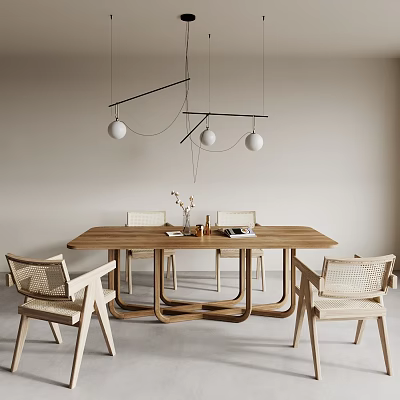 Modern Wooden Dining Table and Chairs Set with Hanging Pendant Lights and Minimalist Design 3d model