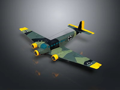 Camouflage Green Twin Engine Airplane Model With Yellow Wing Tips And Black Cross Markings 3d model
