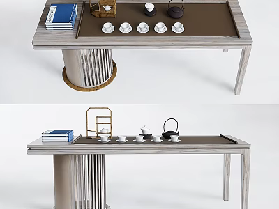 Modern Minimalist Tea Table and Chairs Design With Tea Sets Cups and Books 3d model