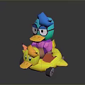 Cartoon Character With Blue Hair Glasses Pink Outfit On Yellow Inflatable Duck Car With Wheels