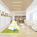 Bright Kindergarten Interior With Skylights Wooden Furniture Green Mat And Windows