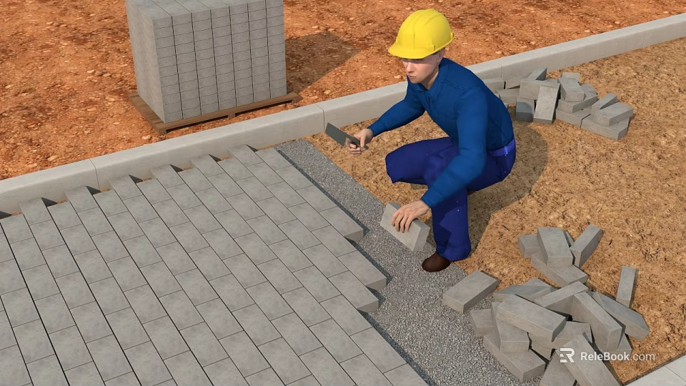 Garden Landscape Construction Worker Laying Gray Bricks For Pathway Paving 3d model 