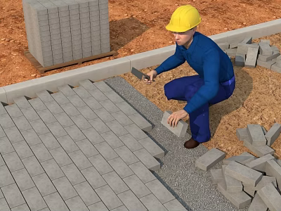Garden Landscape Construction Worker Laying Gray Bricks For Pathway Paving 3d model