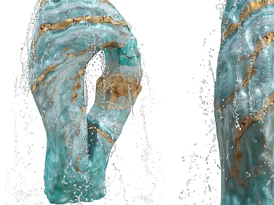 Teal Architectural Component With Golden Veins And Splashing Water Droplets 3d model
