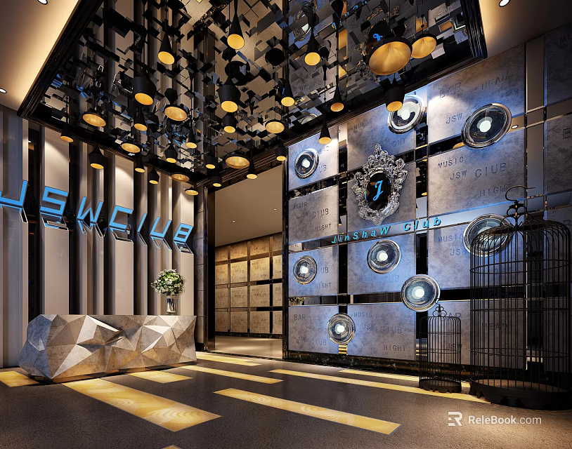 Modern Shop Front Desk Area With Metal Decor Pendant Lights And Geometric Wall Ornaments 3d model 