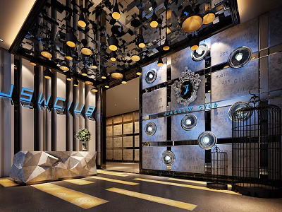 Modern Shop Front Desk Area With Metal Decor Pendant Lights And Geometric Wall Ornaments 3d model
