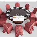 Elegant Round Dining Table Set With Red Chair Covers And White Plates 3d model