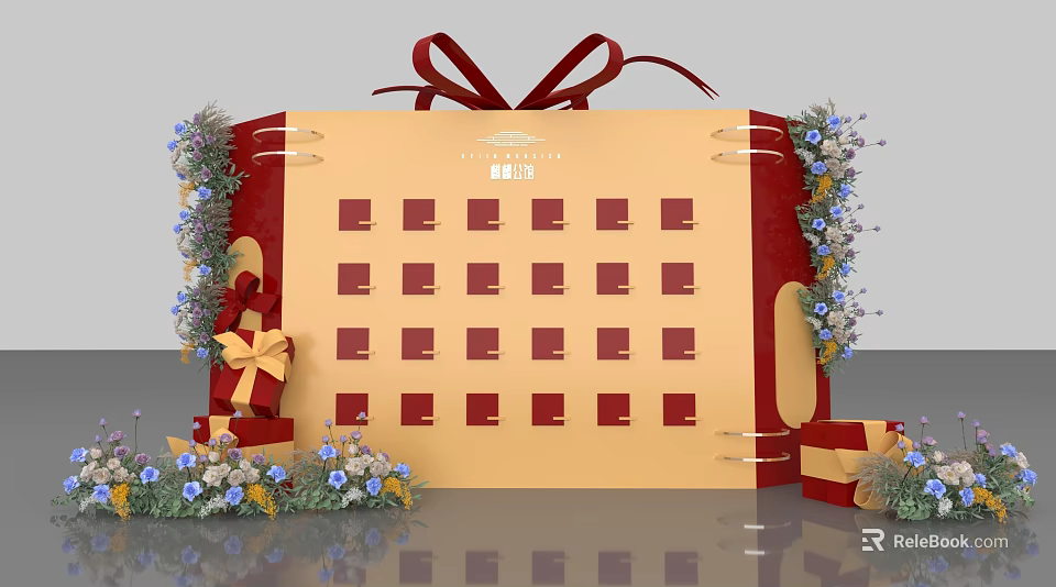 Decorative Display Board With Red Square Grids Ribbon Gift Boxes And Flowers 3d model