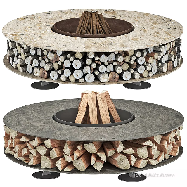 Rustic Kitchen Stove With Circular Stone Design And Log Storage Compartment 3d model