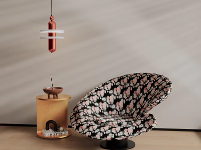 Stylish Shell Shaped Accent Chair With Black Pink Floral Pattern And Side Table 3d model