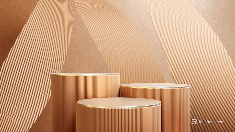 Three Cylindrical Commercial Display Stands in Copper Gold with Vertical Stripes and Wavy Texture Wall 3d model 