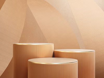 Three Cylindrical Commercial Display Stands in Copper Gold with Vertical Stripes and Wavy Texture Wall 3d model