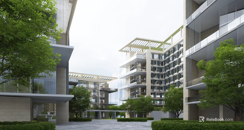 Modern Multi storey Residential Building with Green Courtyard Trees and Glass Facade Balconies 3d model 