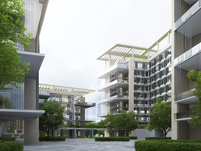 Modern Multi storey Residential Building with Green Courtyard Trees and Glass Facade Balconies 3d model