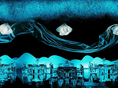 Elegant Modern Banquet Hall Interior With Blue Decorative Lights And Dining Tables 3d model