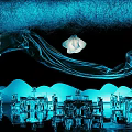 Elegant Modern Banquet Hall Interior With Blue Decorative Lights And Dining Tables