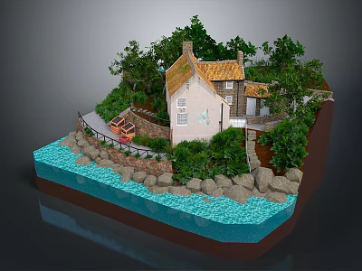 Seaside Cottage With White Walls Yellow Roof Green Trees Rocky Shore And Blue Water 3d model