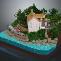 Seaside Cottage With White Walls Yellow Roof Green Trees Rocky Shore And Blue Water