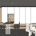 Modern Entertainment Room Interior Design With Wooden Tables White Chairs And Artwork