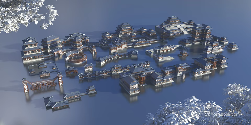 Ancient Architecture Complex With Traditional Roofs Wooden Structures And Water Surroundings 3d model 