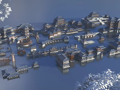 Ancient Architecture Complex With Traditional Roofs Wooden Structures And Water Surroundings 3d model