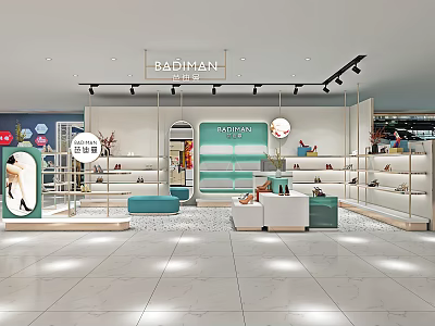 BADIMAN Shoe Store Interior With Display Shelves Blue Sofa And Green Accent Wall 3d model