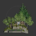 Miniature Architectural House in Lush Green Landscape with Trees Grass and Pond