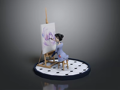 Girl Painting Purple Flower On Easel With Black And White Checkered Base 3d model