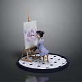 Girl Painting Purple Flower On Easel With Black And White Checkered Base