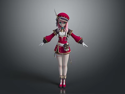 Anime Style Game Character In Red Uniform With Pink Hair And White Gloves 3d model