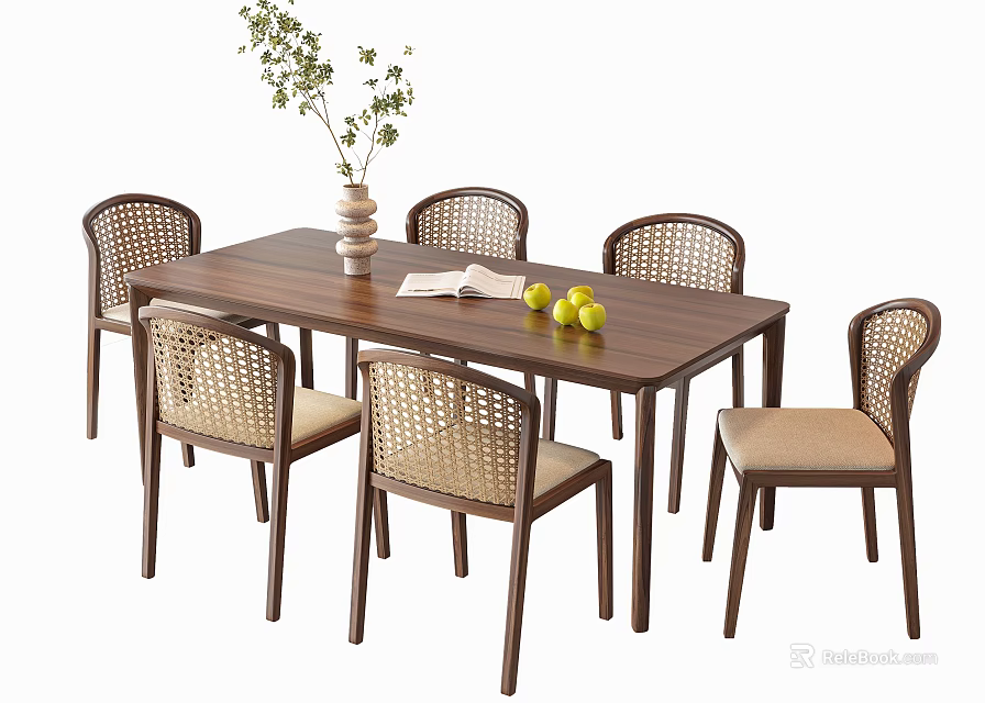 Walnut Dining Table Set with Wicker Backrest Chairs Upholstered Seats and Tabletop Decor 3d model