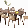 Walnut Dining Table Set with Wicker Backrest Chairs Upholstered Seats and Tabletop Decor 3d model