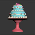 Three Tiered Blue Cake With Pink Rose Decoration On Pink Stand And White Pink Trims