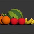 Fresh Assorted Fruits With Green And Yellow Striped Watermelon Red Apples Oranges And Yellow Bananas