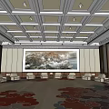 Elegant Hotel Public Lounge With Grid Ceiling Large Landscape Painting White Sofas And Patterned Carpet 3d model