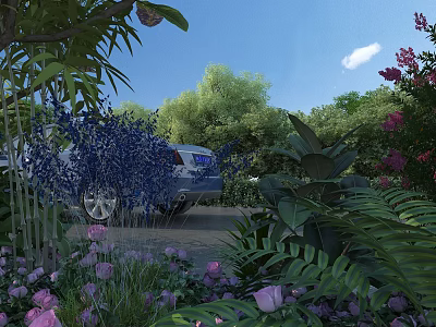 Rural Landscape With Lush Green Plants Pink Purple Flowers Blue Car Trees And Blue Sky 3d model