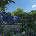 Rural Landscape With Lush Green Plants Pink Purple Flowers Blue Car Trees And Blue Sky