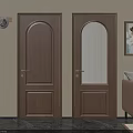 Brown Solid Wood Hinged Doors With Glass Panel For Interior Space 3d model